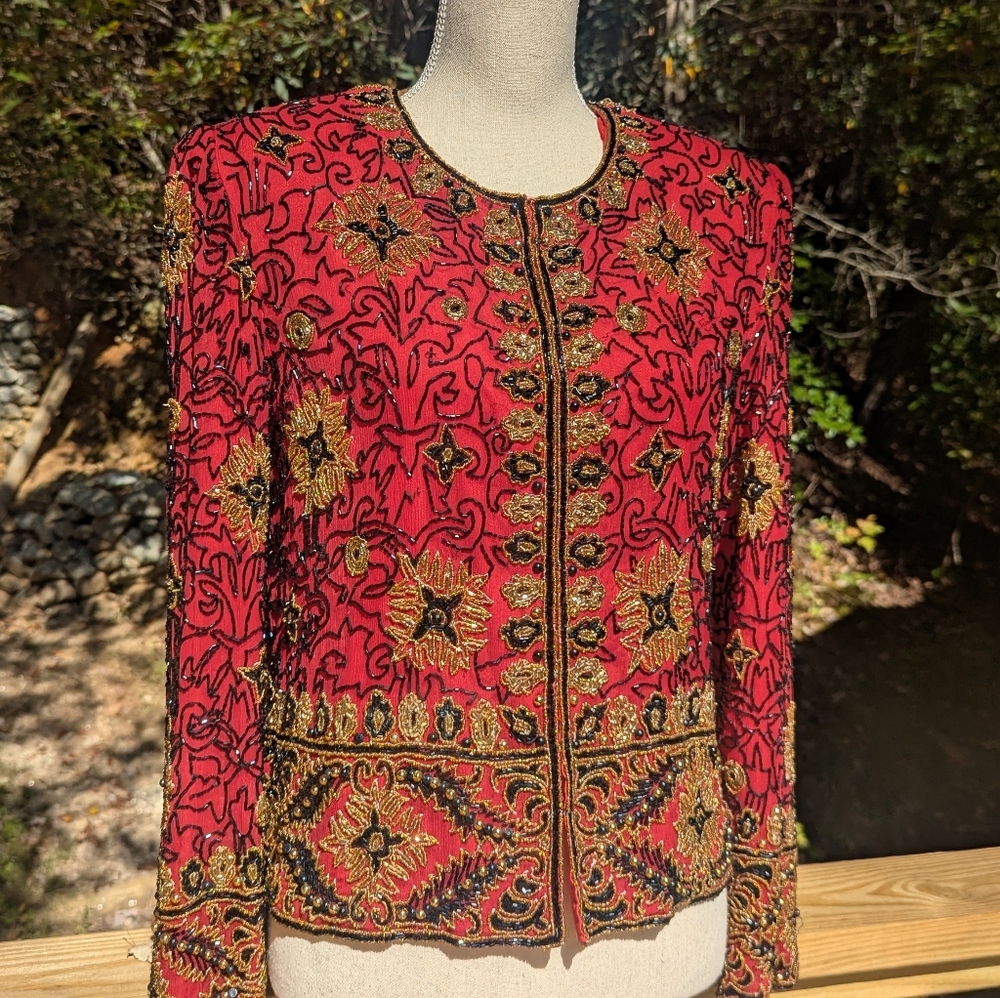 Adrianna Papell Vintage Holiday Red and Gold Embellished Blazer